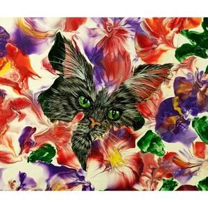 Art Print from my Original Work 12" x 12" "Cat in the Garden" Acid Free